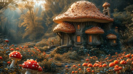 Cozy scenes from fairy tales, dreamy and colorful, mushroom house photography surrounded by flowers and mushrooms - obrazy, fototapety, plakaty