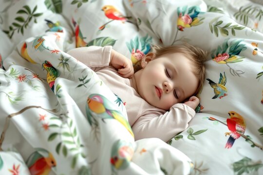 An image capturing the peaceful slumber of a baby enveloped in soft bedding adorned with whimsical woodland creatures.