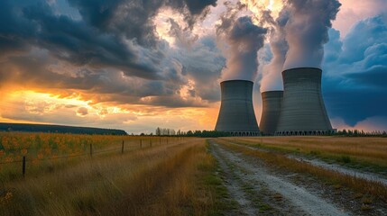 Cooling towers of nuclear power plant Mochovce with cloudy sky in the background. Nuclear power station.
