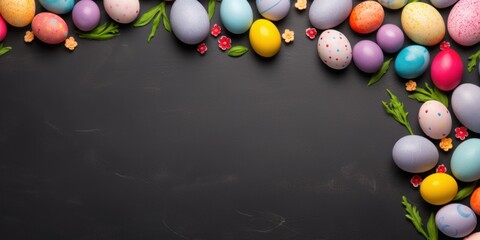 Slate background with colorful easter eggs round frame texture