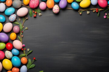 Fototapeta na wymiar Slate background with colorful easter eggs round frame texture