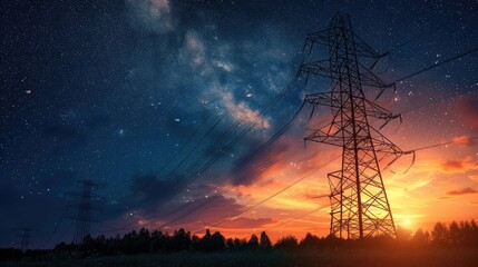 Electricity transmission towers with orange glowing wires the starry night sky. Energy infrastructure concept. - obrazy, fototapety, plakaty
