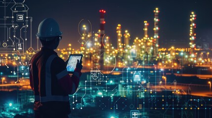 engineer smart city industry background, sustainable power saving energy management smart factory technology, oil and gas plant background