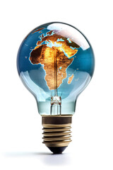 Earth (globe) inside light bulb (electric lamp). Concept of ecology, innovation in green (renewable) energy and environmental conservation. Africa's power and potential.