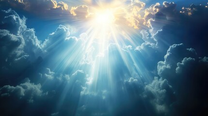 God light in heaven symbolizing divine presence, truth, spiritual illumination, God love and grace. Light beams blessing world - obrazy, fototapety, plakaty
