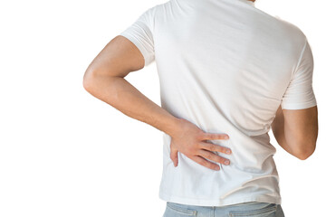 Rear view of a handsome attractive young man holding his back in pain isolated on white background, young man having a lower back pain