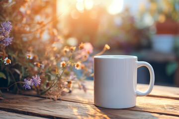 Blank white mug mockup with flowers on sunny light background. Generative AI