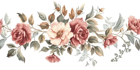 Rolgordijnen A panoramic watercolor illustration featuring a seamless border of pastel flowers and dark foliage, perfect for wallpapers and textile design.. © netrun78