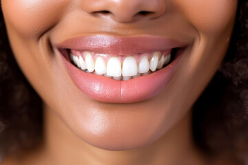 Obraz premium African woman face with wide grin perfect clean teeth. Healthy smile. Generative AI