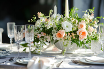 Fototapeta premium Table settings with floral arrangement. Special event table set up. Fresh flower decoration. Generative AI