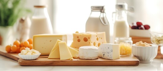 cheese types and milk on a bright white kitchen background - obrazy, fototapety, plakaty