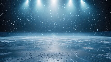 Snow and ice background. Empty ice rink illuminated by spotlights - obrazy, fototapety, plakaty