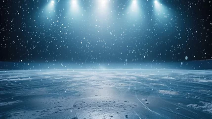 Fotobehang Snow and ice background. Empty ice rink illuminated by spotlights © buraratn
