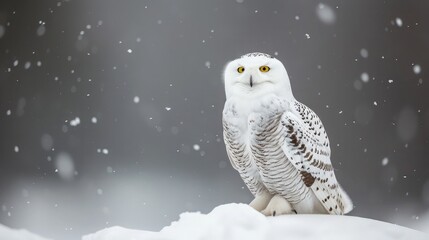 Snowy owl, Bubo scandiacus, perched in snow during snowfall. Arctic owl surrounded by snowflakes. Beautiful white polar bird - obrazy, fototapety, plakaty