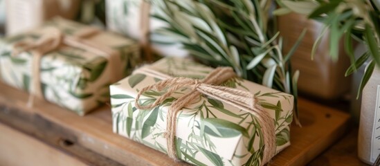 Obraz na płótnie Canvas Rustic Mediterranean-style party featuring beautiful packaging and artisan soaps as guest gifts, wrapped in olive leaves pattern paper with jute ribbon.