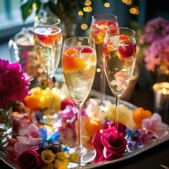 Captivating dinning table set with colorful cocktails, champagne glasses, and fresh flowers