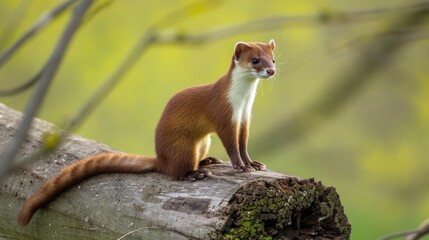 Stoat in Springtime, Scientific name: Mustela erminea, stood on a log and facing right