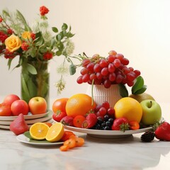 Vibrant fresh fruit and berry composition with greens on light background