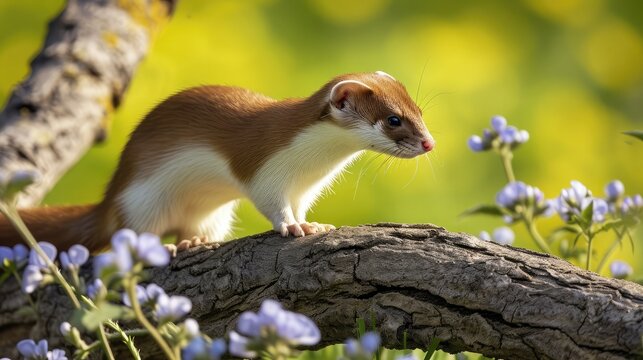 Stoat in Springtime, Scientific name: Mustela erminea, stood on a log and facing right