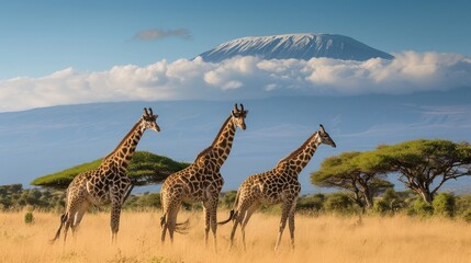 Three giraffe on Kilimanjaro mount background in National park