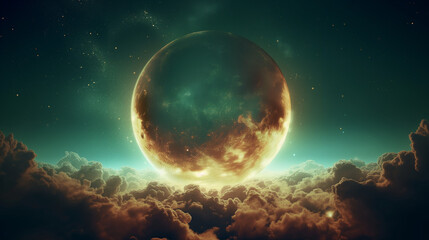 Fototapeta na wymiar Dramatic scene with a planet or moon eclipse surrounded by cosmic clouds