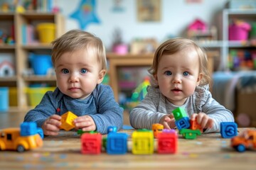 Two Toddlers Playing With Blocks on the Floor