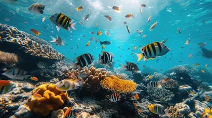 Poster Tropical sea underwater fishes on coral reef. Aquarium oceanarium wildlife colorful marine panorama landscape nature snorkel diving © buraratn