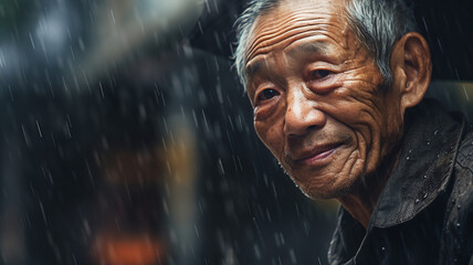 雨に濡れるアジア人高齢男性