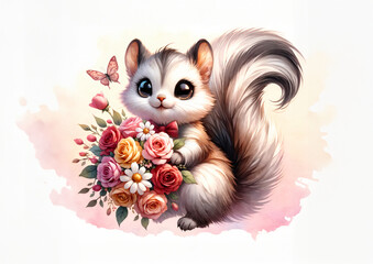 Fototapeta na wymiar Cute squirrel with flowers. Watercolor illustration for greeting cards and children's decor, stickers, nursery art. For Birthday, Valentine's Day and Mother’s day cards and invitations. 
