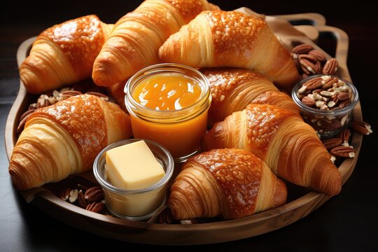 Flat lay of warm, buttery bliss! Freshly baked croissants and rolls in a delicious array. A golden treat, inviting and warm. Layers of flakiness, a comforting charm. 