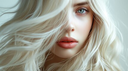 Naklejka premium Beautiful girl with hair coloring in ultra blond. Stylish hairstyle done in a beauty salon. Fashion, cosmetics and makeup