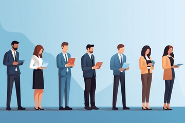 Fototapeta premium An illustration of a mixed group of business professionals, including individuals of Caucasian and Asian descent, attentively using tablets and smartphones