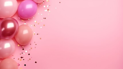 A delightful corner of pink and rose-colored balloons with sparkling gold confetti, creating a whimsical and celebratory atmosphere on a pastel pink backdrop. Copy-space.