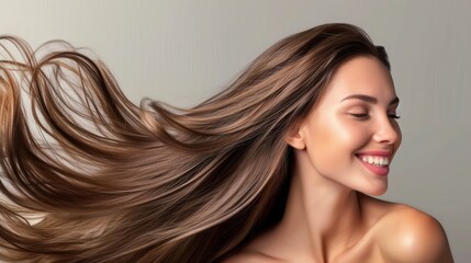 Beautiful Hair swinging head from side to side, Young beautiful woman with long perfect healthy lovely shiny hair, happy with beauty products, hair shampoo or conditioner - obrazy, fototapety, plakaty
