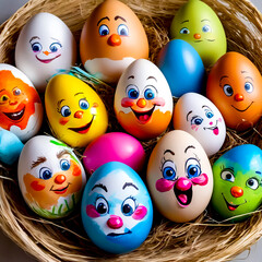Basket filled with lots of colorful eggs with faces painted on the eggs.