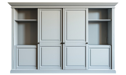 Classic light blue wardrobe with open shelves and paneled doors, giving a country chic vibe.