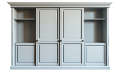 Classic light blue wardrobe with open shelves and paneled doors, giving a country chic vibe.