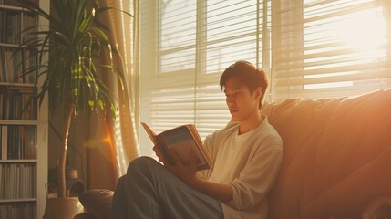 Calm asian man reading book in cozy bright living room with sunlight through blinds on windows . - obrazy, fototapety, plakaty
