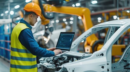 Car Factory Engineer in High Visibility Vest Using Laptop Computer. Automotive Industrial Manufacturing Facility Working on Vehicle Production