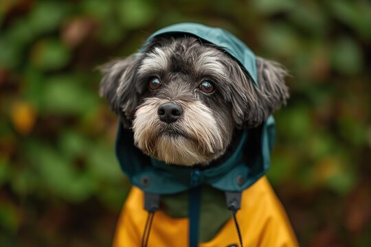 dog wearing a raincoat, photo on a green background
