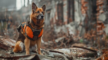 search and rescue dog in a vest on the ruins of a house - obrazy, fototapety, plakaty