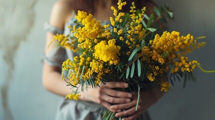a beautiful bouquet of mimosa flowers in the hands of a girl - obrazy, fototapety, plakaty
