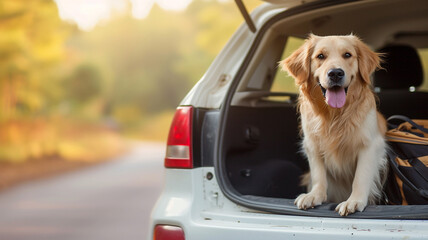 Friendly retriever enjoys the ride in a car's trunk