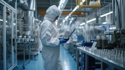 Naklejka premium Heavy Industry Manufacturing Factory: Scientist in Sterile Coverall Walking with Laptop Computer, Examining Industrial CNC Machine Settings and Configuring Production Functionality.