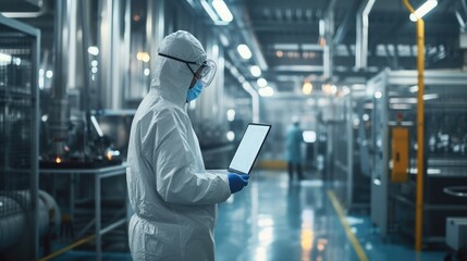 Heavy Industry Manufacturing Factory: Scientist in Sterile Coverall Walking with Laptop Computer, Examining Industrial CNC Machine Settings and Configuring Production Functionality.