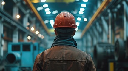 Industrial worker with a hard hat and jacket stand with his back to the camera in the factory