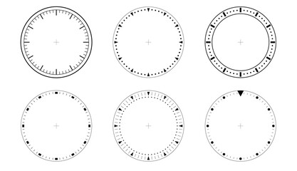 Circles of clock faces for time. Template dial of watch. Blank timer isolated PNG.