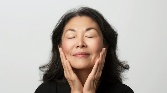 Portrait of gorgeous happy middle aged mature cheerful asian woman, senior older 50s lady pampering her face eyes closed isolated on white.
