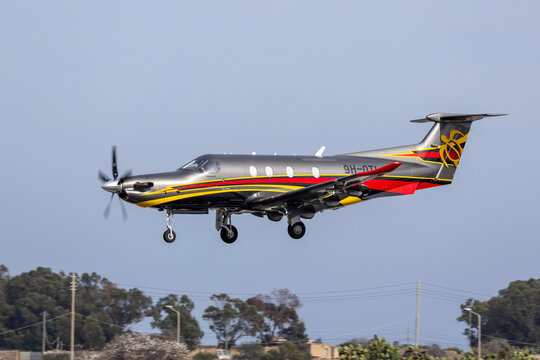 Luqa, Malta - February 7, 2024: A nicely painted private Pilatus PC-12-47E (REG: 9H-OTI) coming in for landing runway 31.