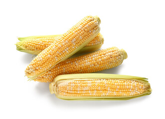 Fresh corn cobs on white background